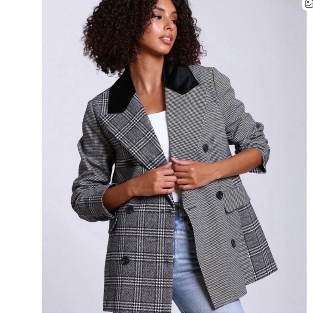 Avec Les Filles Mixed Plaid Houndstooth Black Grey Velvet Collar Blazer XL